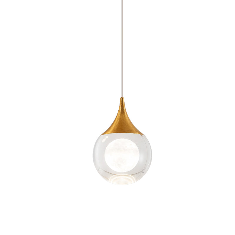 Modern Gold LED Pendant Light with Clear Crystal Sphere for Bedroom