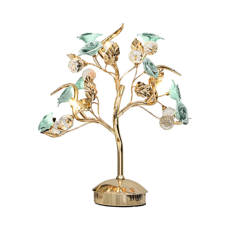 Romantic Pastoral Ceramic Flowering Tree Table Lamp With 3-Head Nightstand Light