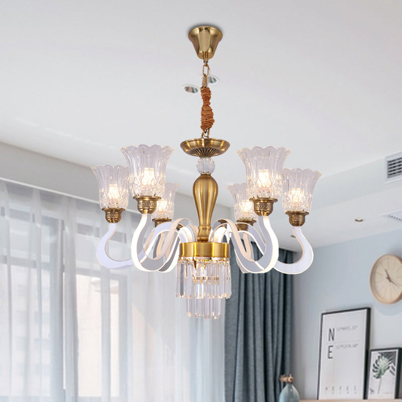 Modern Gold Floral Chandelier With Crystal Accents - 6 Bulb Pendant Lamp For Bedroom