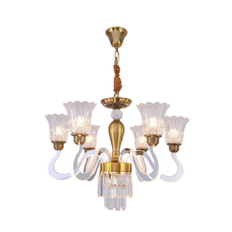 Modern Gold Floral Chandelier With Crystal Accents - 6 Bulb Pendant Lamp For Bedroom