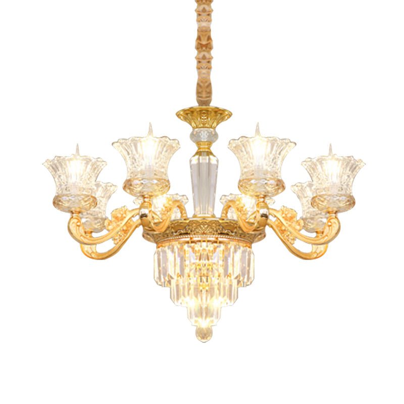 Gold Pendant Blossom Modern Chandelier - 8-Head Clear Crystal Glass With Carved Arm