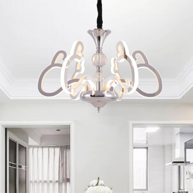 Contemporary Heart-Shaped 6-Light Acrylic Chrome Suspension Lamp With Crystal Accent