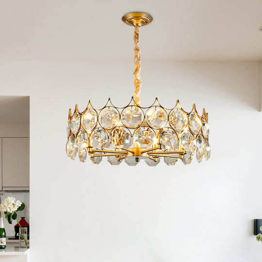 Modern Drum Pendant Chandelier With 8 Bulbs Gold Finish And Crystal Faceted Ceiling Hang Fixture