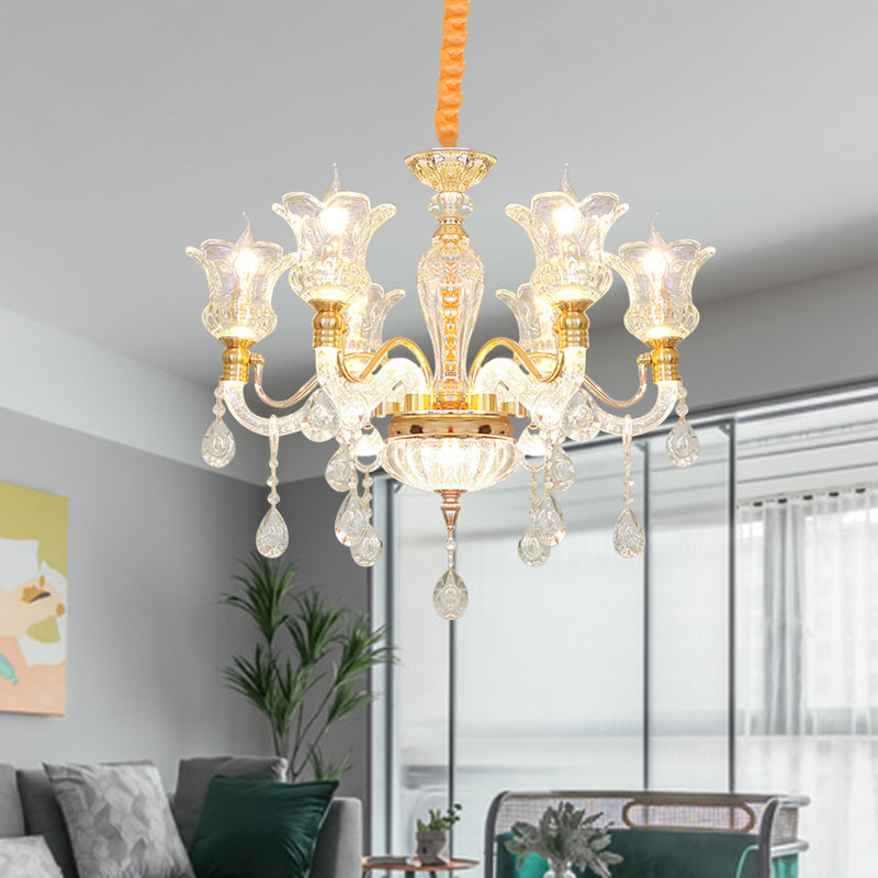 Modern Gold Glass Ceiling Lamp With Crystal Drop - Blossom 6-Bulb Chandelier For Bedroom