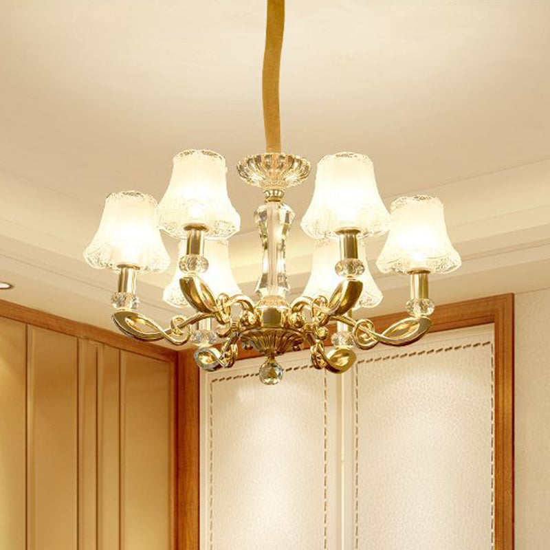 Modern 6-Head Gold Dining Room Chandelier With Crystal Accents - Milky Glass Bell Suspension Lamp