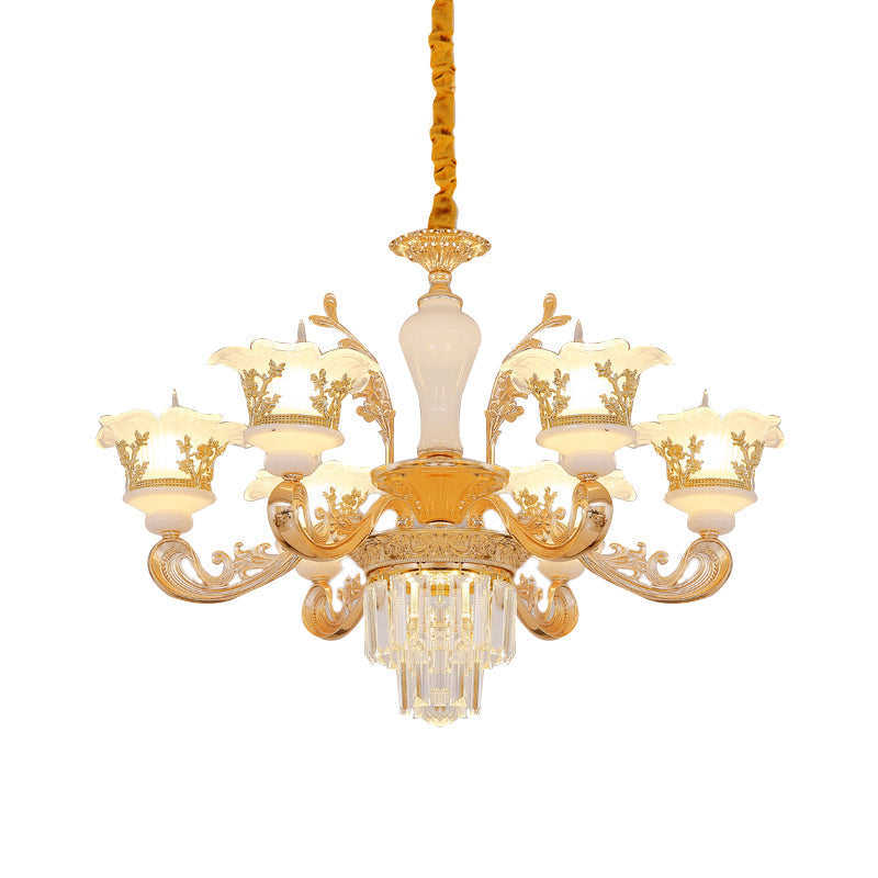 6-Light Gold Carved Cream Glass Chandelier With Crystal Accent - Postmodern Blossom Pendant