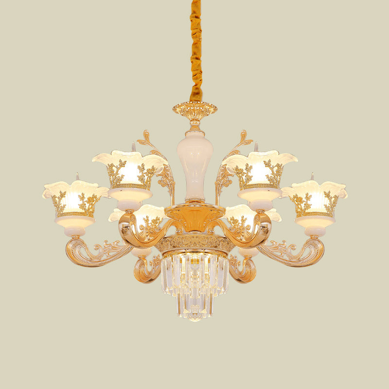 6-Light Gold Carved Cream Glass Chandelier With Crystal Accent - Postmodern Blossom Pendant