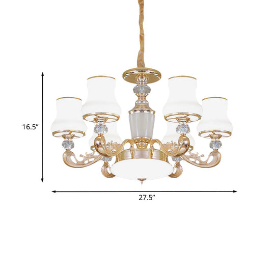 Modern Gold Carved Arm Milk Glass Chandelier - Bedroom Pendant With 6 Heads And Crystal Accents