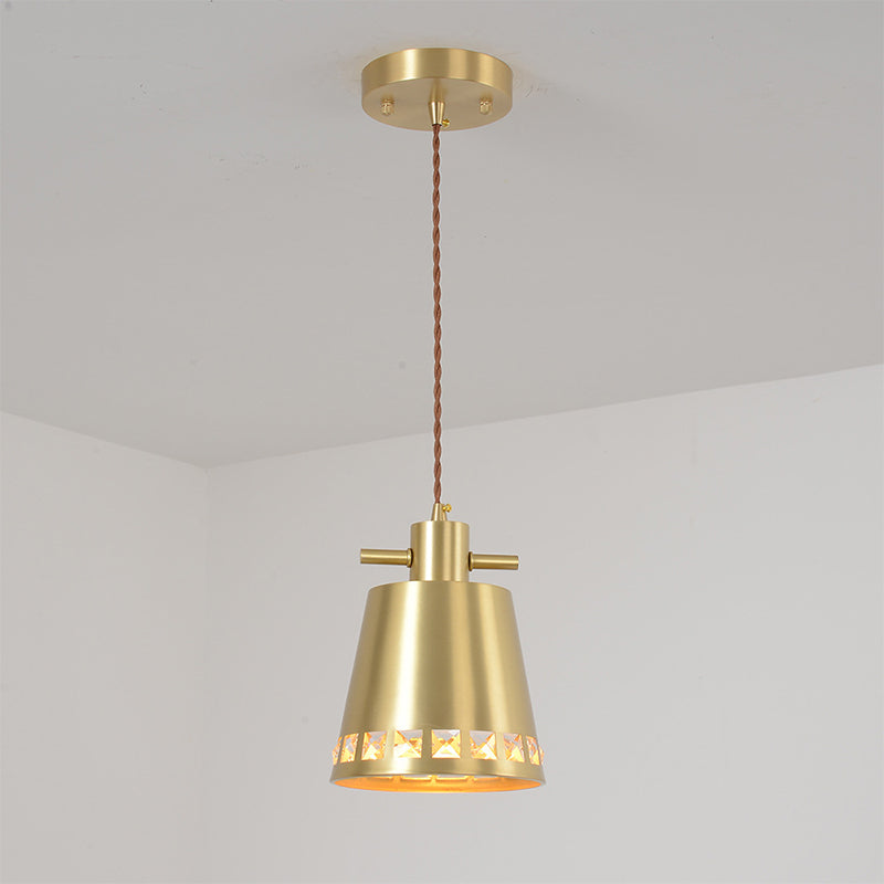 Modern Metal Conical Pendant with Crystal Embedded Edge Design - Brass Finish