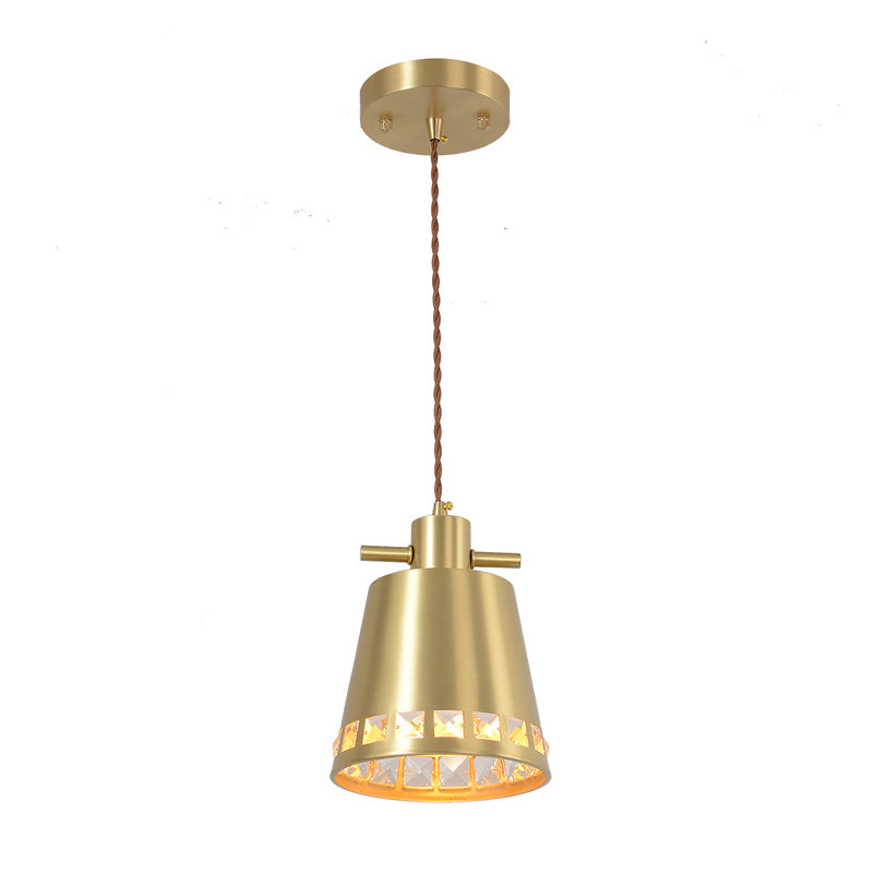Modern Metal Conical Pendant with Crystal Embedded Edge Design - Brass Finish