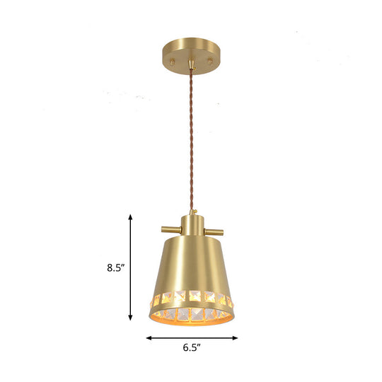 Modern Brass Pendant With Crystal Embedded Edge Design - Metal Conical Down Lighting