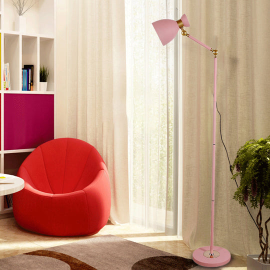 Macaron Metallic Flare Floor Lamp: Wide Rotatable Arm 1 Light Black/Pink/White Pink