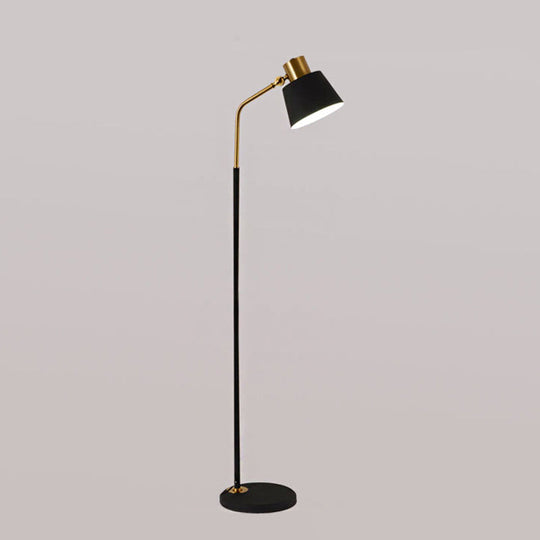 Small Barrel Black Floor Lamp With Modernist Metallic Stand Ideal For Bedroom Lighting