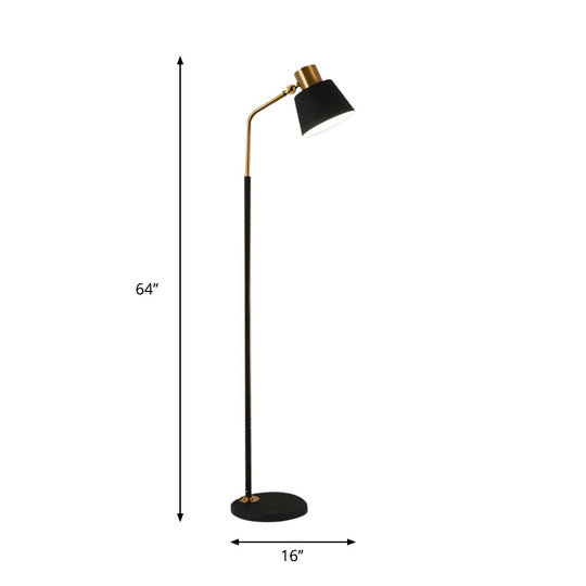 Small Barrel Black Floor Lamp With Modernist Metallic Stand Ideal For Bedroom Lighting