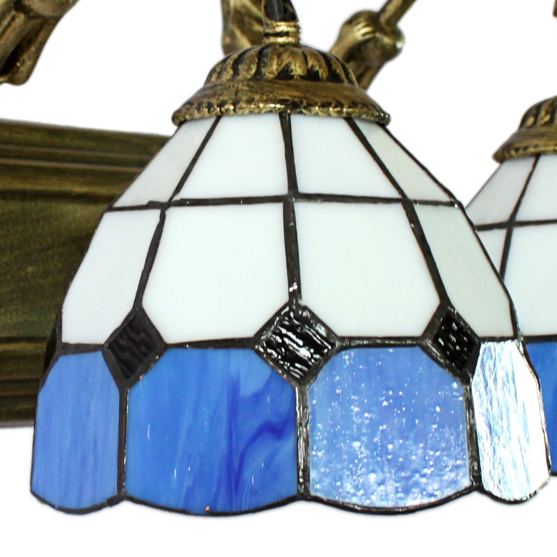 Tiffany Grid Patterned Wall Mount Sconce Light Fixture - White And Blue Glass 1 Head