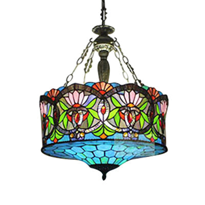 Victorian Style Drum Chandelier with Stained Glass Panels - 5-Light Pendant for Living Room