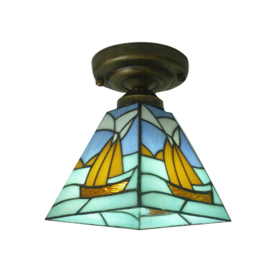 Blue Nautical Sailboat Stained Glass Flush Ceiling Light With 1 - Perfect For Bathrooms