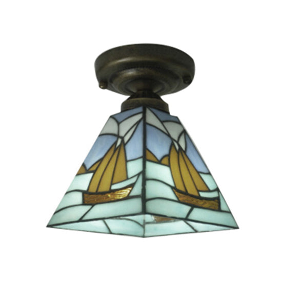 Blue Nautical Sailboat Stained Glass Flush Ceiling Light With 1 - Perfect For Bathrooms