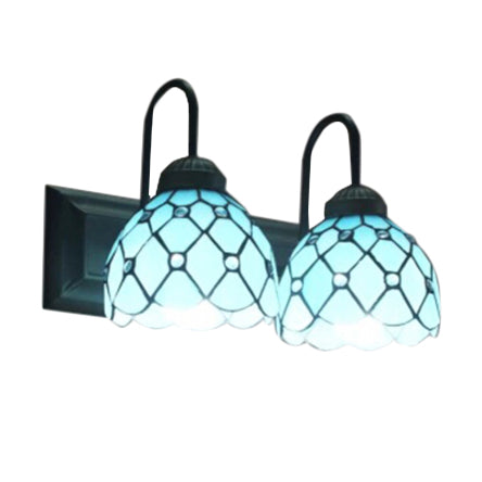 Tiffany Blue Glass Dome Wall-Mounted Sconce Light In Black - 2 Heads