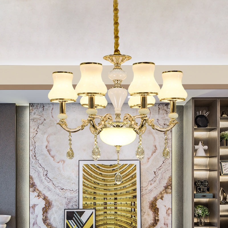 Contemporary Gold Ceiling Chandelier with 6 Lights, Milk Glass, and Crystal Pendant Lighting