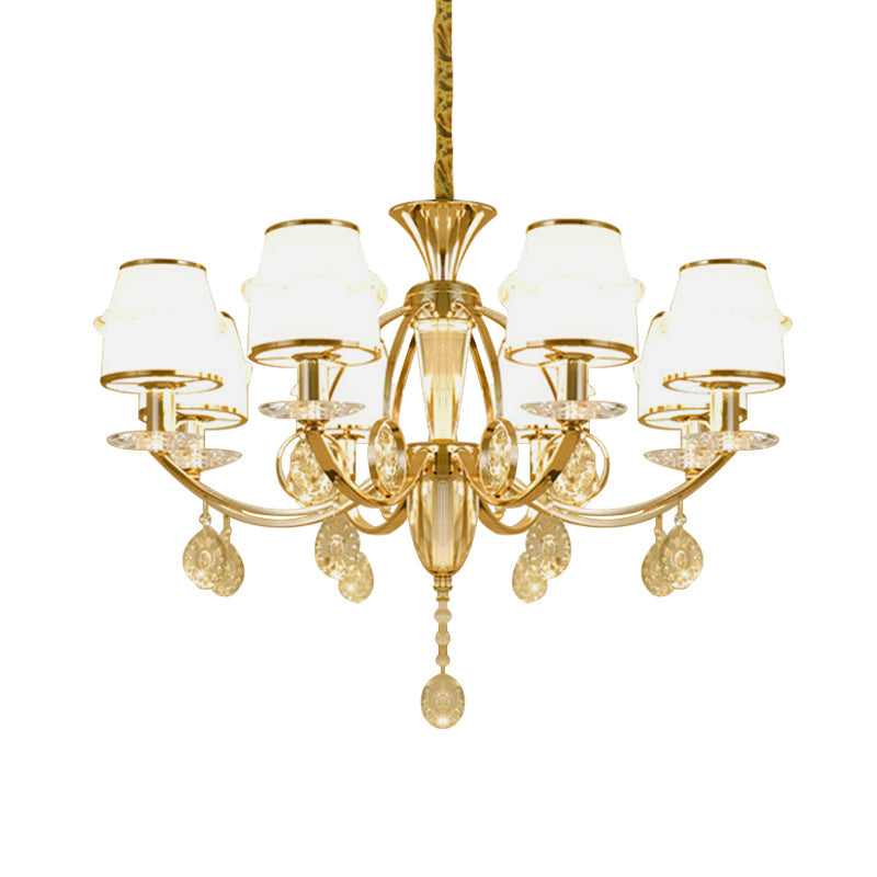 Modern Gold Cut Crystal 8-Light Conical Chandelier With White Glass Shade - Perfect For Living Rooms
