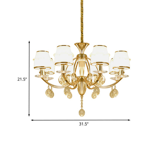 Modern 8-Light Gold Chandelier with White Glass Shade - Cut Crystal Hanging Lamp