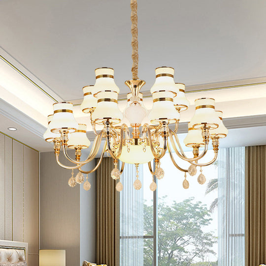 Curvy Arm Suspension Chandelier with 15 Opal Glass Bulbs - Gold Finish