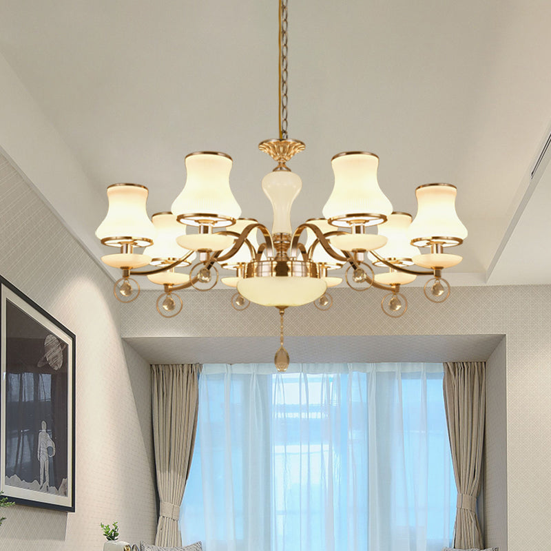 Modernist Flared Crystal Chandelier with White Glass, 8 Heads - Champagne Ceiling Suspension Lamp