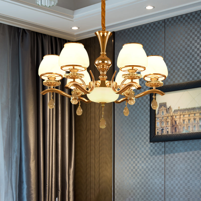 Minimalist 6-Head Gold Cone Ceiling Chandelier – Bedroom Crystal Hanging Lamp
