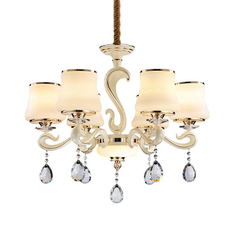 Beige 6-Light Ceiling Lamp - Minimalist Cream Glass Bell Crystal Chandelier Pendant