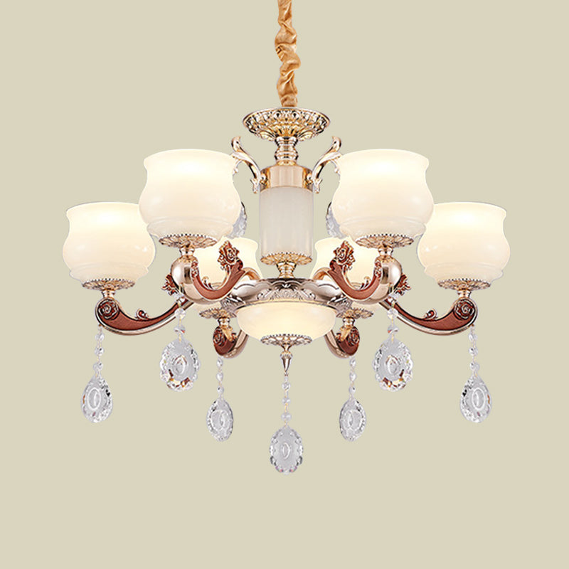 Modern Simplicity Bud Pendant Lighting Chandelier With 6 Bulbs And Milk Glass Crystal In Champagne