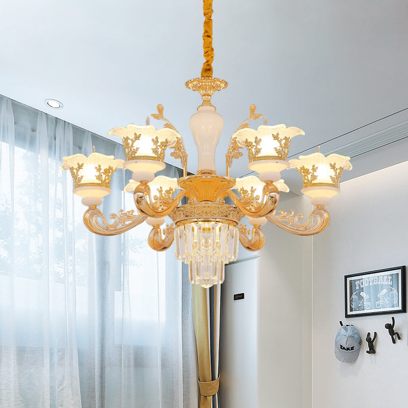 Modern Crystal Chandelier with Carved Frosted Glass Shade - 6 Bulbs Pendant in Gold for Bedroom
