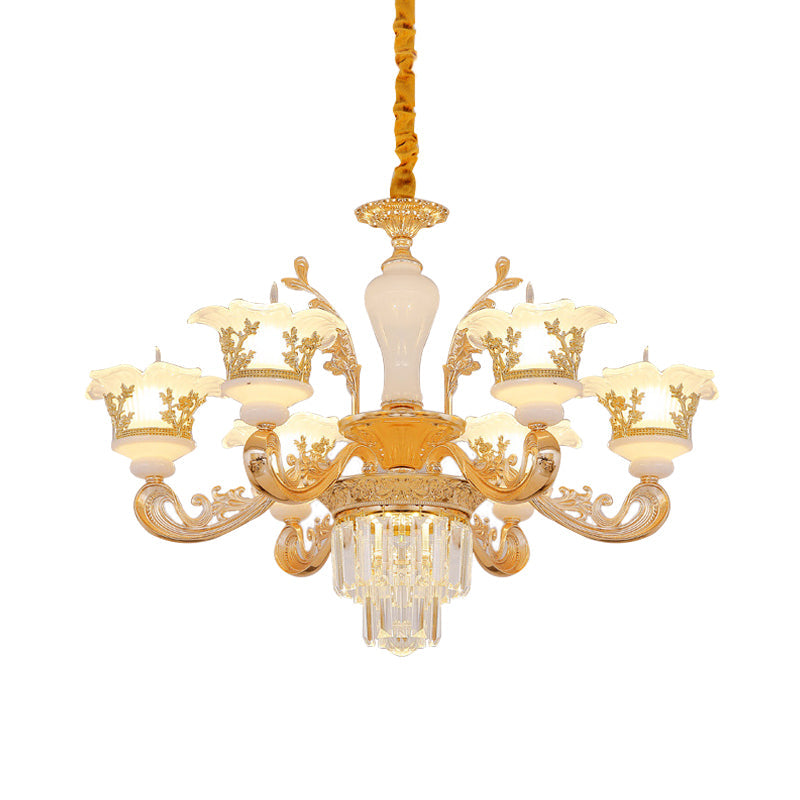 Modern Crystal Chandelier With Carved Frosted Glass Shade - 6 Bulbs Gold Pendant For Bedroom