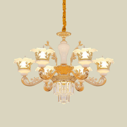 Modern Crystal Chandelier With Carved Frosted Glass Shade - 6 Bulbs Gold Pendant For Bedroom