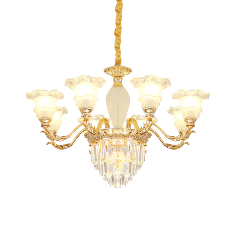 Modern Gold Crystal Chandelier with Frosted Glass - Blossom Pendant Lamp (8 Bulbs)