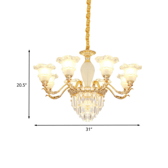 Modern Gold Crystal Chandelier With Frosted Glass Shades - Blossom Living Room Pendant Lamp (8