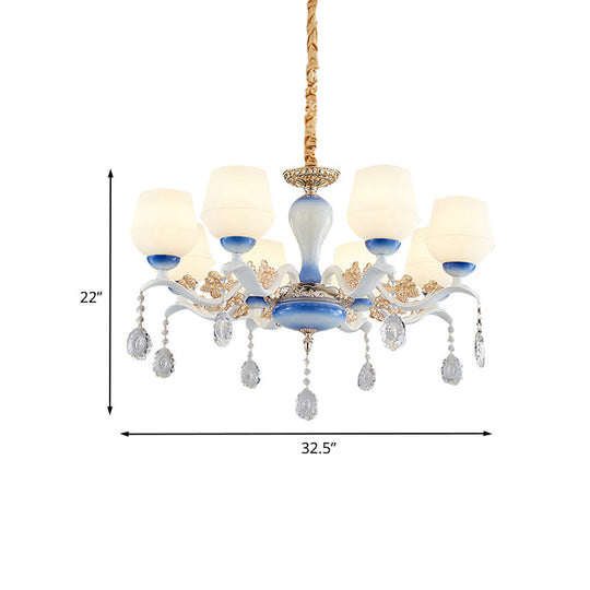 Modern Tapered Pendant Chandelier - 8 Bulbs Ivory Glass Crystal Suspension Light (Blue/White)