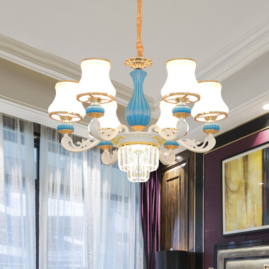 Contemporary Blue And White Chandelier With Opal Glass Crystal Hangings Blue-White