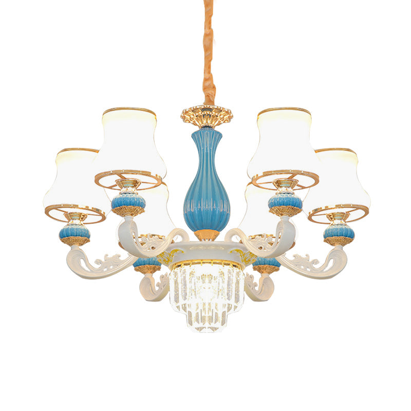 Contemporary 6-Head Blue and White Chandelier with Opal Glass and Crystal Pendant