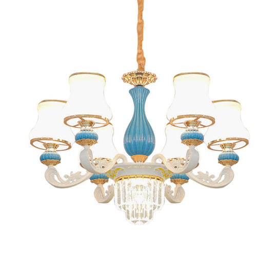 Contemporary Blue And White Chandelier With Opal Glass Crystal Hangings