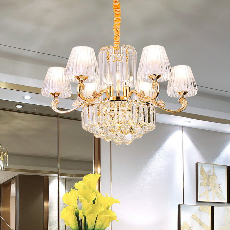 Contemporary 6-Light Gold Chandelier - Clear Crystal Barrel Pendant Ideal For Restaurants