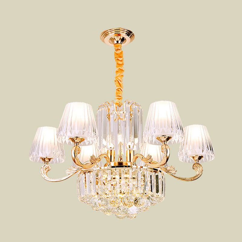 Gold Hanging Pendant Chandelier - 6-Light Contemporary Design with Clear Crystal Barrel for Restaurants