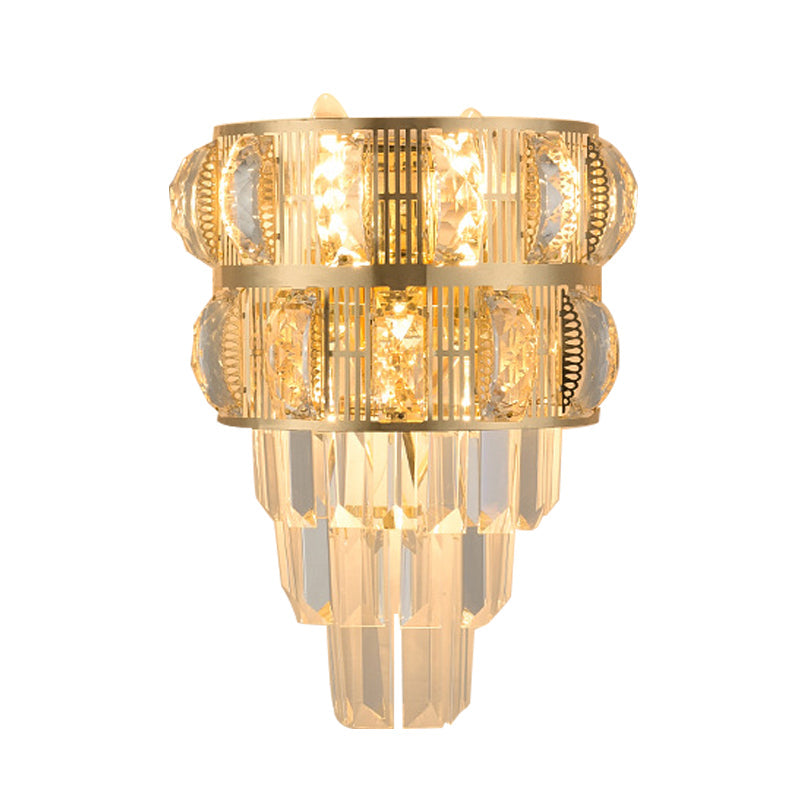 Modern Gold Wall Lamp With Clear K9 Crystal 3-Bulb Layered Design