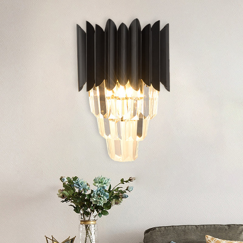 Minimalistic 2-Head Wall Lighting For Bedroom With Crystal Tiered Shade In Black