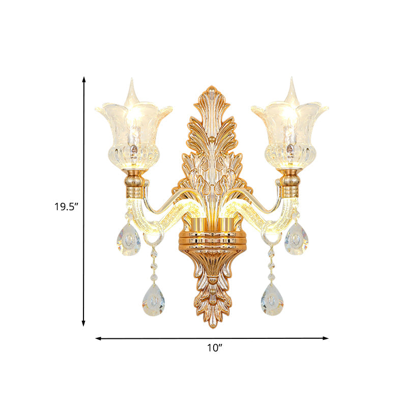 Floral Wall Sconce With Luminous Arm And Clear Crystal Glass - 2 Light Option