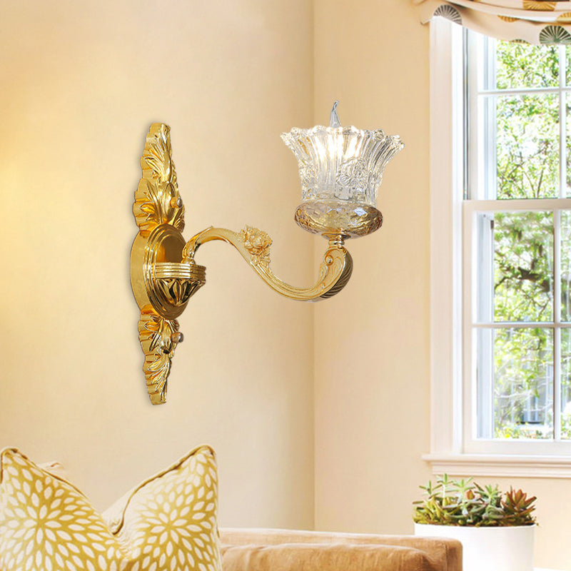 Crystal Glass Sconce: Single Bulb Gold Flower Wall Light With Swooping Arm