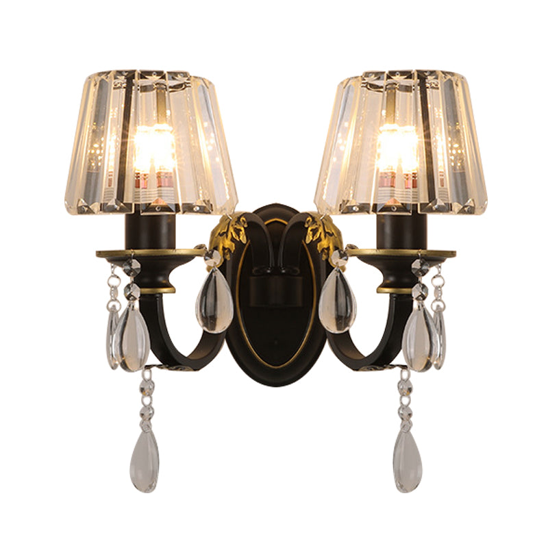 Modern Conical Crystal Wall Sconce With Black And Gold 2-Light For Living Room