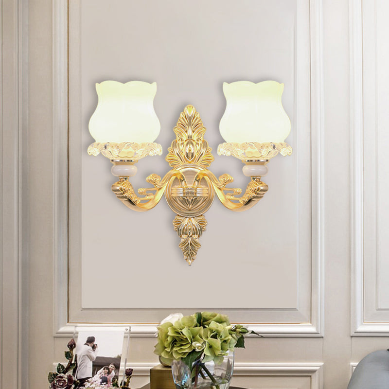 Gold Crystal Wall Mounted Light With 2 Cream Glass Bloom Heads - Simplicity For Living Room