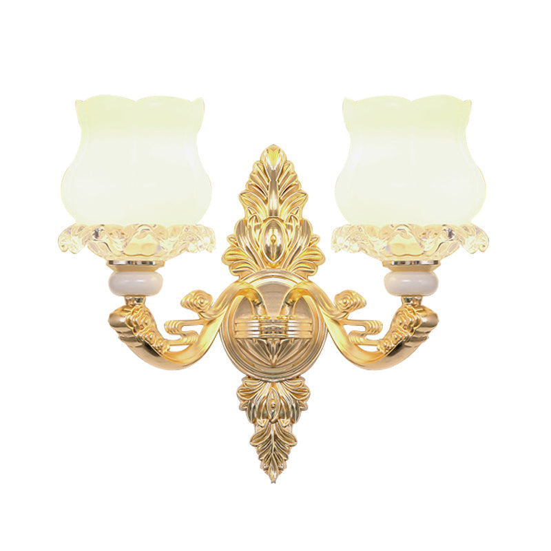 Gold Crystal Wall Mounted Light With 2 Cream Glass Bloom Heads - Simplicity For Living Room