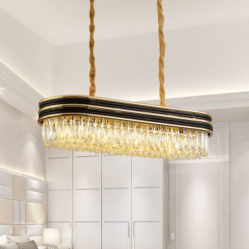 10-Light Crystal Pendant Island Ceiling Light In Black And Gold - Simplicity Oblong Design